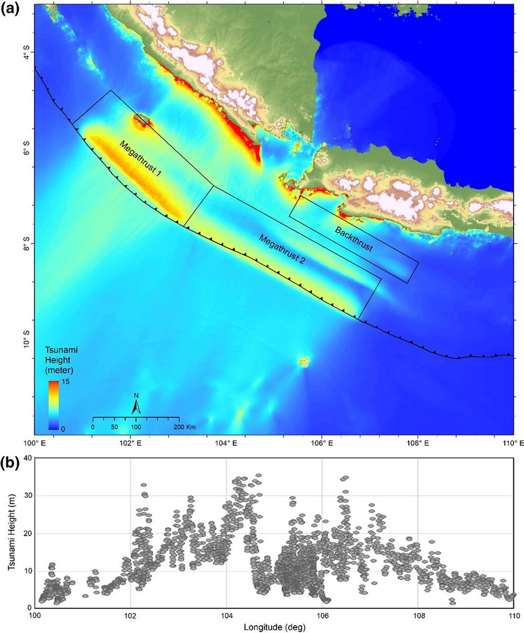 a. Ketinggian tsunami maksimum di seluruh wilayah model selama durasi simulasi dengan sumber <i>megathrust</i> dan <i>backthrust</i>. b Ketinggian tsunami maksimum di sepanjang pantai selatan Jawa Barat, Sumatera, dan Selat Sunda. Ketinggian tsunami hingga 34 meter tercatat di sekitar Ujung Kulon. Sumber: Pepen Supendi, dkk. (Jurnal <i>Natural Hazards</i>, 2022).
