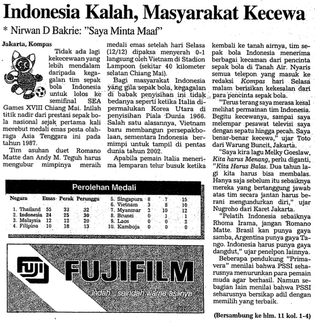 Berita di halaman utama <i>Kompas</i> edisi Kamis (14/12/1995) yang membahas kekalahan Indonesia dari Vietnam di babak penyisihan SEA Games Chiang Mai 1995.
