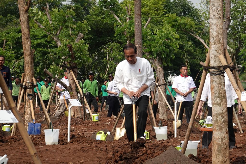 Presiden Joko Widodo menanam pohon di Gerakan Tanam Pohon Bersama yang digelar di Hutan Kota JIEP Kawasan Industri Pulogadung, Jakarta Timur, Rabu (29/11/2023). 
