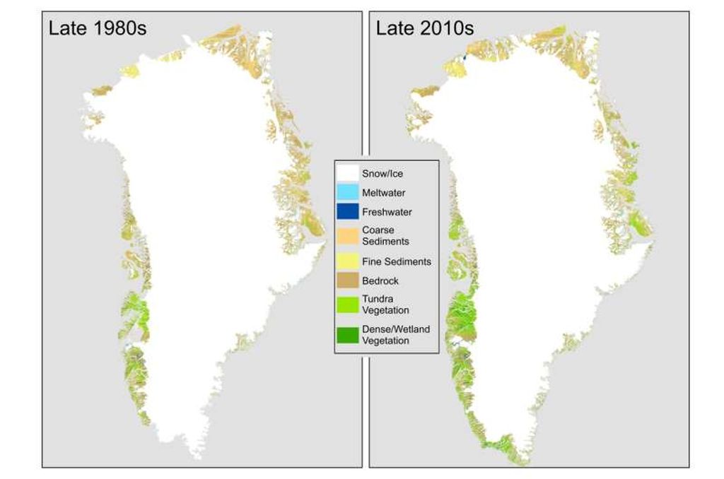 Perbandingan antara klasifikasi tutupan lahan di Greenland pada akhir tahun 1980-an dan akhir tahun 2010-an menunjukkan terjadi penambahan area hijau seiring meluasnya tutupan vegetasi, terutama di bagian barat daya dan timur laut.  