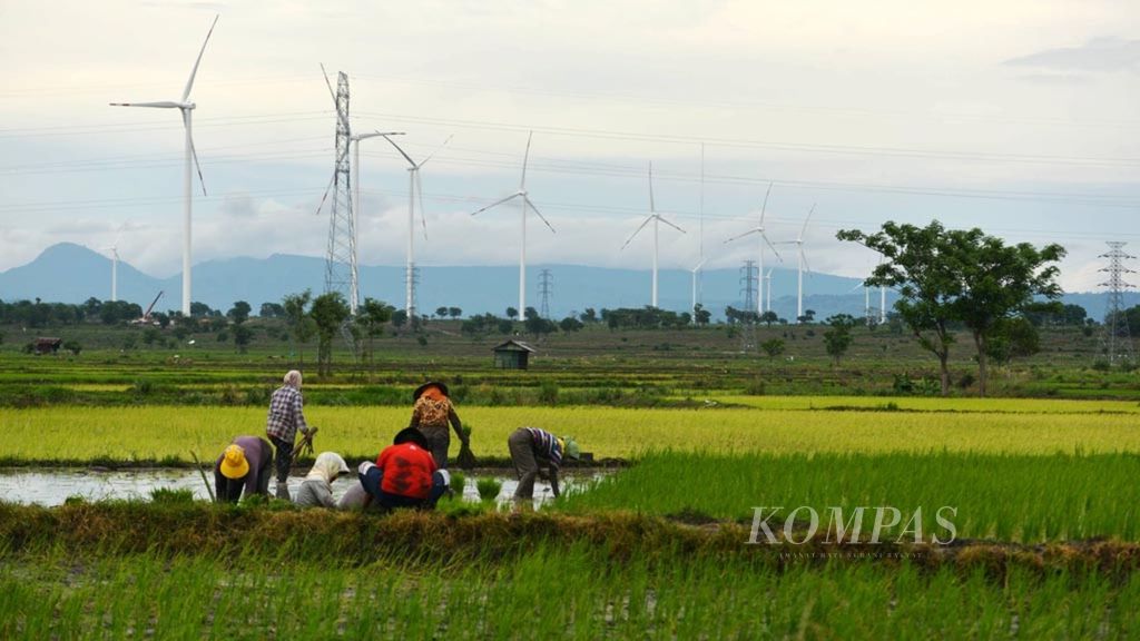 Kincir-kincir angin berjajar milik Pembangkit Listrik Tenaga Bayu (PLTB) Tolo-1 di Kabupaten Jeneponto, Sulawesi Selatan, Sabtu (2/2/2019). PLTB berkapasitas 72 MW ini menjadi PLTB terbesar kedua di Indonesia setelah PLTB Sidrap yang berkapasitas 75 MW.