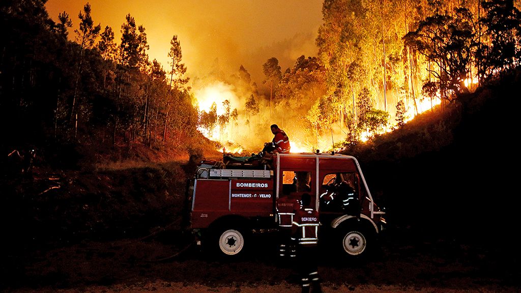 Pemadam kebakaran berjuang memadamkan api yang membakar hutan di dekat Bouca, Portugal, Minggu (18/6). 