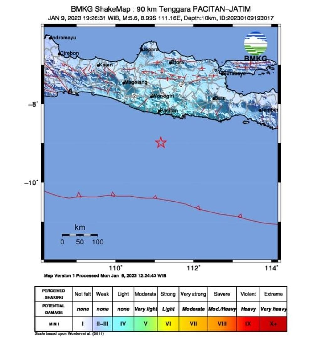 Informasi tentang gempa bumi yang terjadi di Pacitan, Jawa Timur, Senin (9/1/2023) malam.