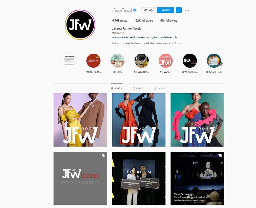 Akun Instagram Jakarta Fashion Week 2023 sudah mulai mempromosikan acara yang akan berlangsung pada akhir Oktober 2022.