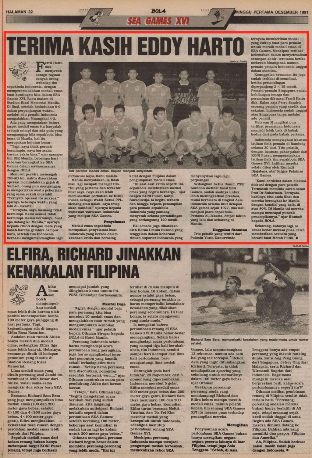 Berita tentang raihan emas sepak bola SEA Games 1991 di Tabloid Bola edisi minggu pertama Desember 1991.