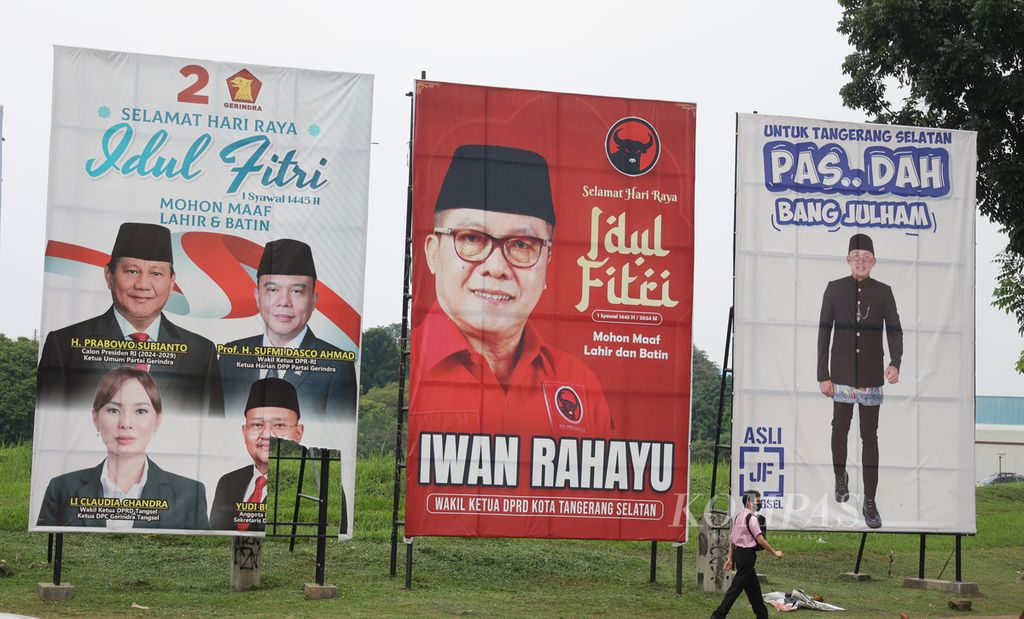 Para tokoh yang akan berkontestasi dalam pilkada mulai memasang gambar sebagai upaya mengenalkan diri kepada masyarakat, seperti terlihat di kawasan Serpong, Tamgerang Selatan, Banten, Rabu (1/5/2024). 