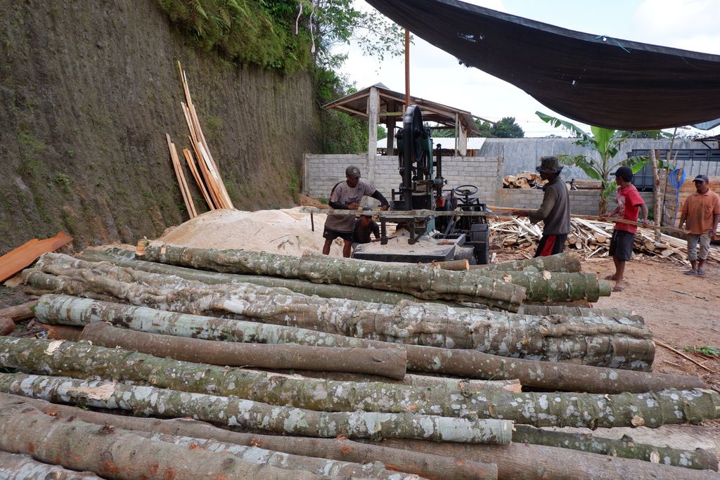 Pengolahan kayu di daerah Lembah Sempage, Narmada, Lombok Barat, Nusa Tenggara Barat, pertengahan Oktober 2021. Produksi biomassa serbuk kayu dari kegiatan itu kemudian didistribusikan ke Pembangkit Listrik Tenaga Uap (PLTU) Jeranjang di Desa Taman Ayu, Gerung, Lombok Barat. 