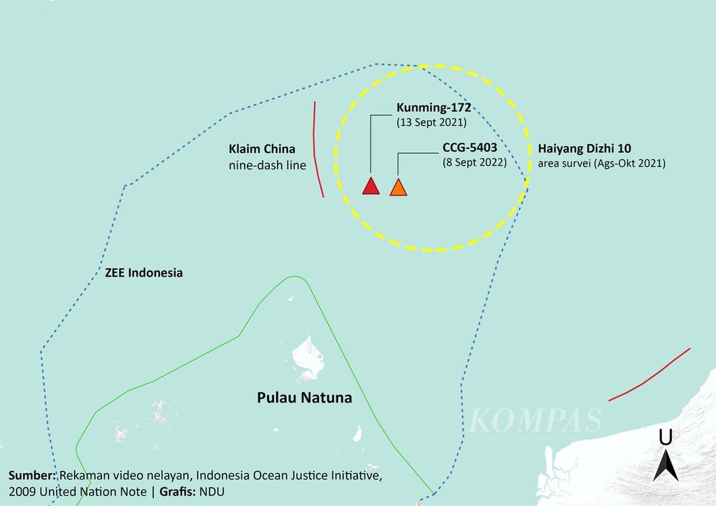 Lokasi pertemuan nelayan dengan kapal-kapal China di Laut Natuna Utara pada 2019-2022.