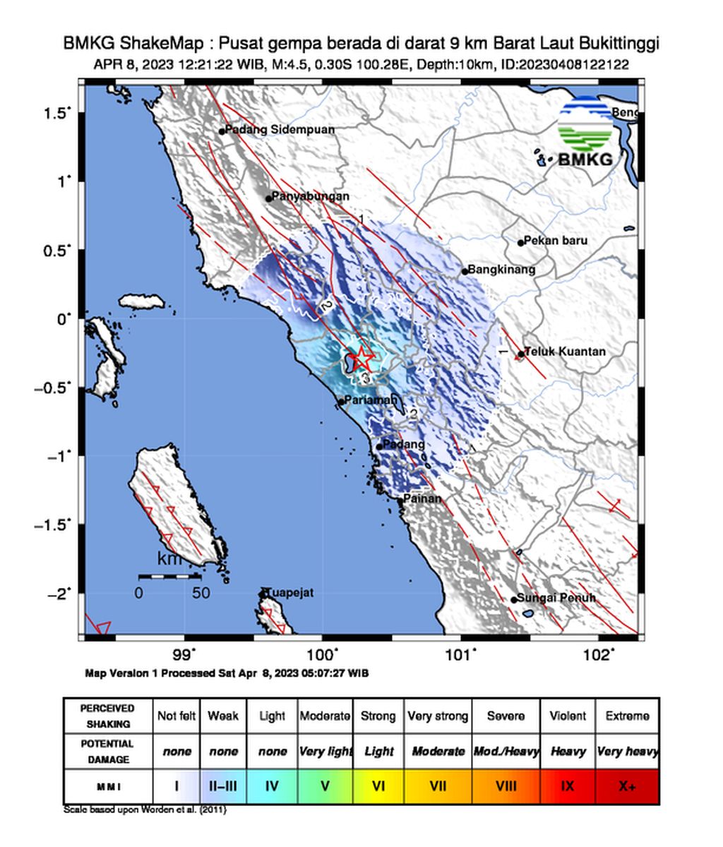 Peta gempa tektonik M 4,5 yang terjadi di darat Kota Bukittinggi, Sumatera Barat, Sabtu (8/4/2023) siang.
