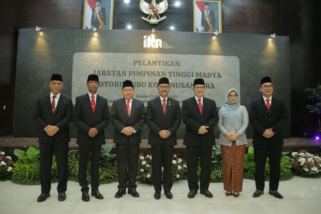 Suasana pelantikan lima pejabat tinggi madya di lingkungan Otorita Ibu Kota Nusantara, di Jakarta, Kamis (13/10/2022).