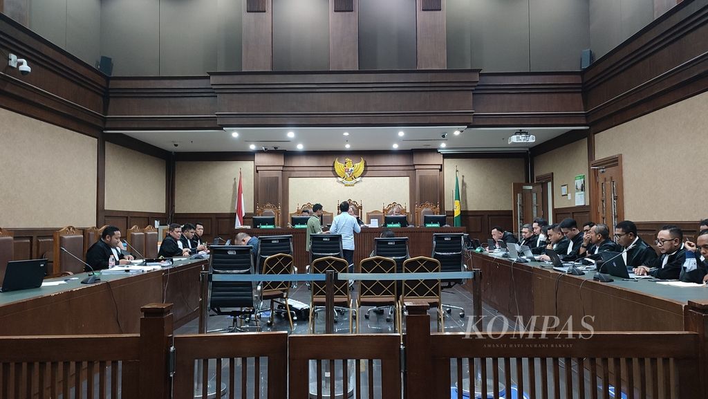 Suasana sidang kasus korupsi BTS 4G Bakti Kemenkominfo di Pengadilan Tindak Pidana Korupsi Jakarta, Rabu (18/10/2023). 