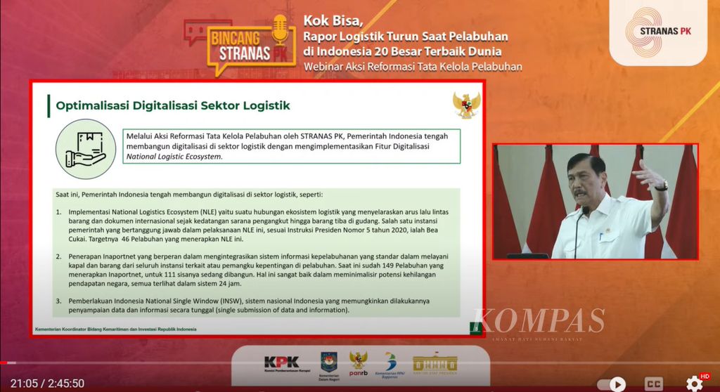 Menteri Koordinator Bidang Kemaritiman dan Investasi Luhut Binsar Pandjaitan menjelaskan optimalisasi digitalisasi sektor logistik dalam Webinar Aksi Reformasi Tata Kelola Pelabuhan di Jakarta, Selasa (18/7/2023).