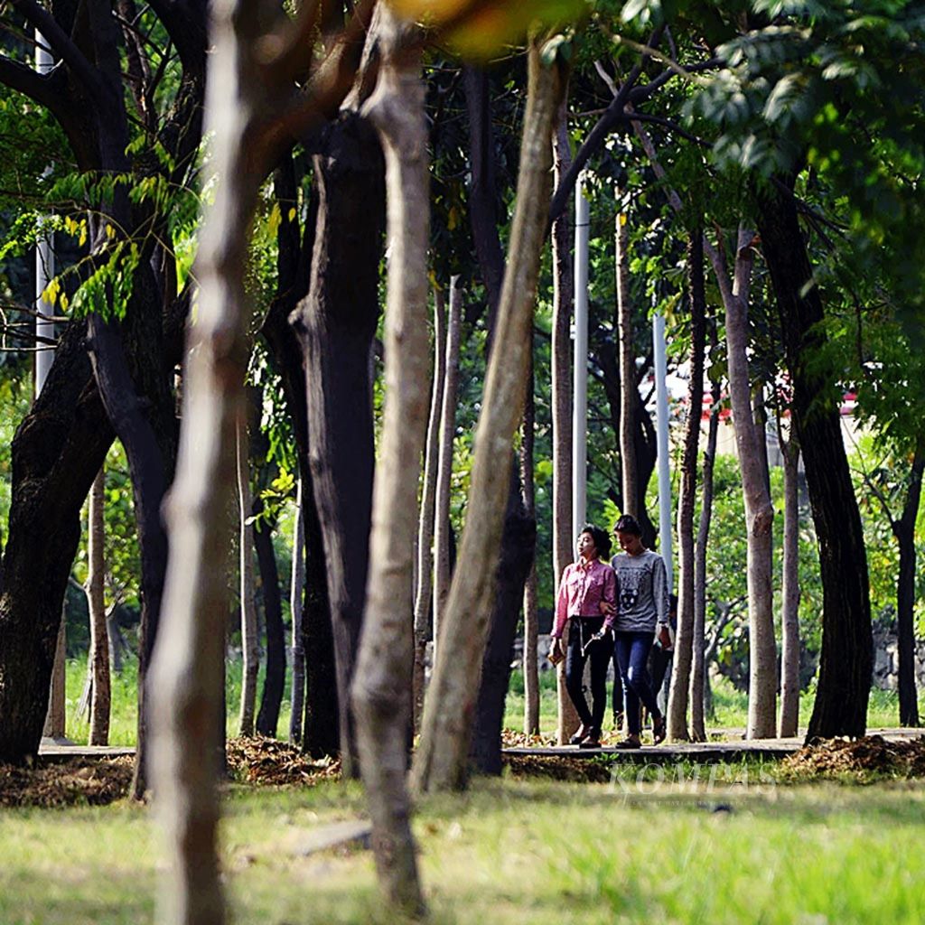 Warga beraktivitas di Taman Hutan Kota Penjaringan, Jakarta, beberapa waktu lalu. Pada pagi dan sore hari, hutan kota ini banyak didatangi warga untuk jalan-jalan, lari, ataupun sekadar duduk-duduk untuk melepas penat.