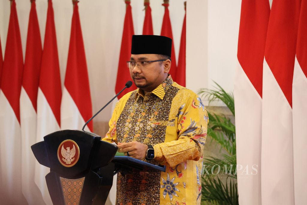Menteri Agama Yaqut Cholil Qoumas dalam Rapat Kerja Tahun 2023 dan Milad Ke-6 BPKH di Istana Negara, Jakarta, Selasa (12/12/2023).