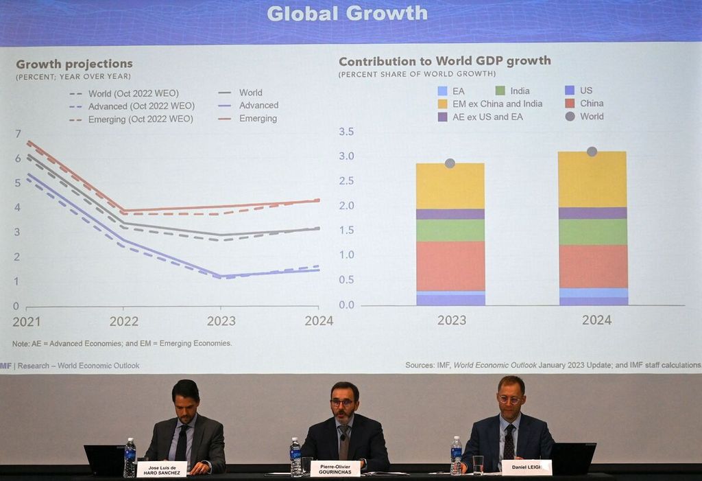 Kepala Ekonomi dan Direktur IMF Pierre-Olivier Gourunchas (tengah) dan Kepala Divisi Penelitian Daniel Leigh (kanan) menghadiri taklimat media tentang Pandangan Perekonomian Dunia di Singapura, 31 Januari 2023. 