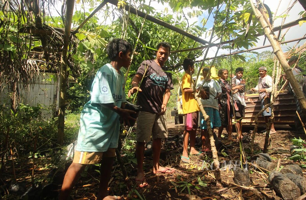 Warga Desa Wolowea, Kabupaten Nagekeo, Nusa Tenggara Timur, bergotong royong mengangkat bibit bambu untuk ditanam di daerah alirang sungai, Rabu (22/6/2022). Sejak pertengahan 2021, sebanyak 388 “mama bambu” di tujuh kabupaten mengikuti program penghijauan di Pulau Flores. 