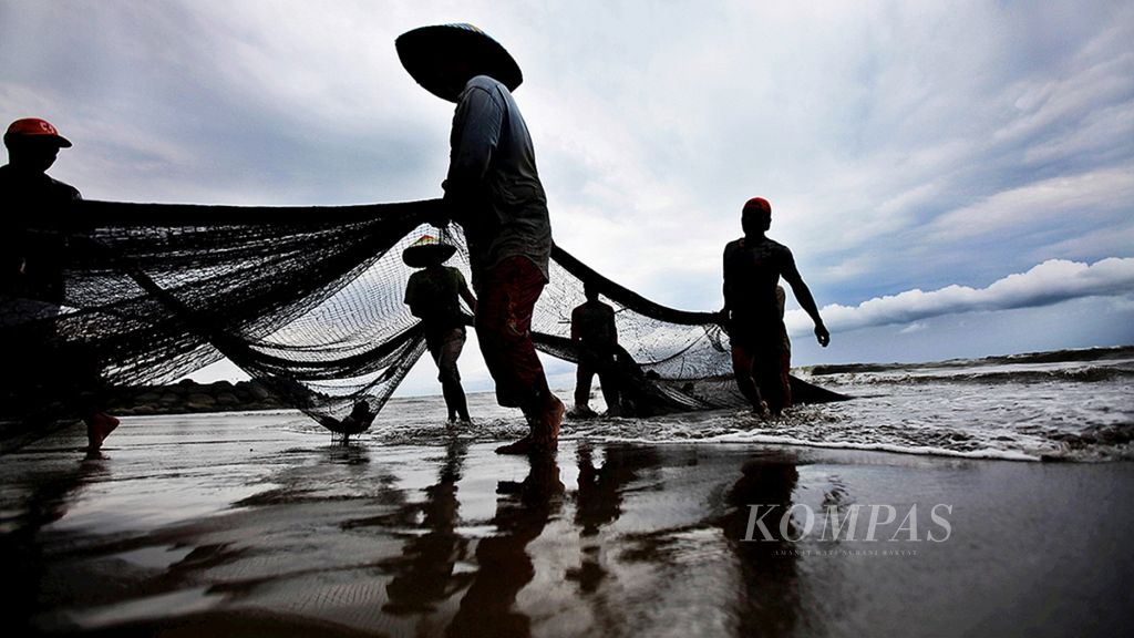 Para nelayan di Pantai Padang, Padang, Sumatera Barat, menarik jaring pukat setelah ditebar di laut, Kamis (15/2). Buruknya cuaca membuat hasil tangkapan para nelayan dan pencari ikan menurun sekitar 50 persen dari biasanya.