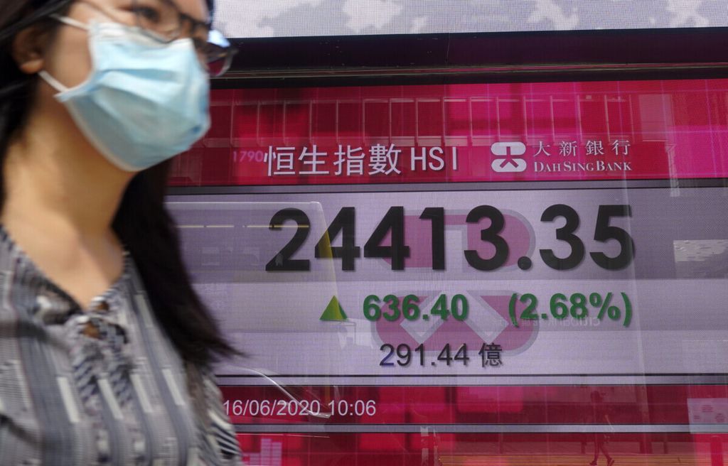 A woman wearing a face mask walks past a bank electronic board showing the Hong Kong share index at Hong Kong Stock Exchange Tuesday, June 16, 2020. Asian shares rose Tuesday, cheered by fresh moves by the U.S. Federal Reserve to support markets battered by the coronavirus pandemic.