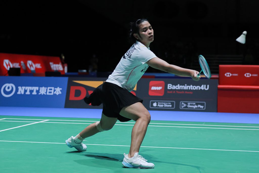 Gregoria Mariska Tunjung mengalahkan Akane Yamaguchi (Jepang) pada laga perempat final Jepang Terbuka di Stadion Nasional Yoyogi, Tokyo, Jumat (28/7/2023).