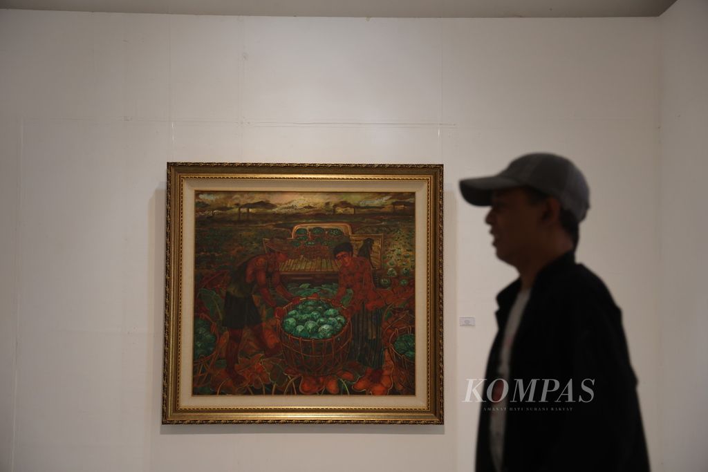 Lukisan berjudul "Panen Kol" karya Amrus Natalsya ditampilkan dalam pameran <i>Dua Petarung</i> di Bentara Budaya Yogyakarta, Kota Yogyakarta, Jumat (15/12/2023). 