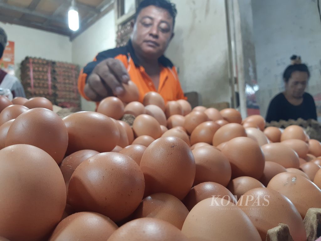Pedagang menyusun telur ayam di kiosnya di Blok III Pasar Raya Padang, Padang, Sumatera Barat, Kamis (8/12/2022). 