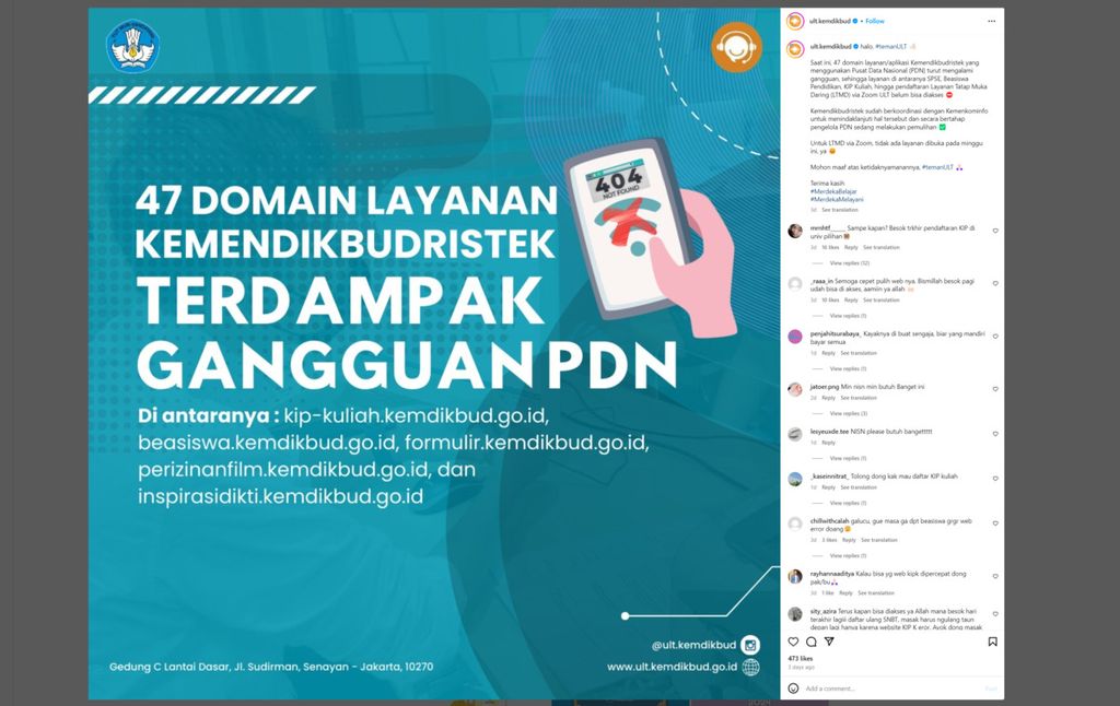 Keterangan dari Kementerian Pendidikan, Kebudayaan, Riset, dan Teknologi mengenai domain layanannya yang terganggu serangan ke PDN.