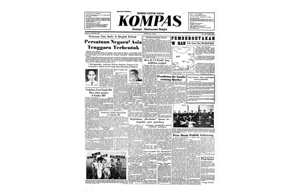 Arsip berita Kompas tentang terbentuknya Persatuan Negara-Negara Asia Tenggara atau ASEAN, terbit pada Selasa, 8 Agustus 1967.