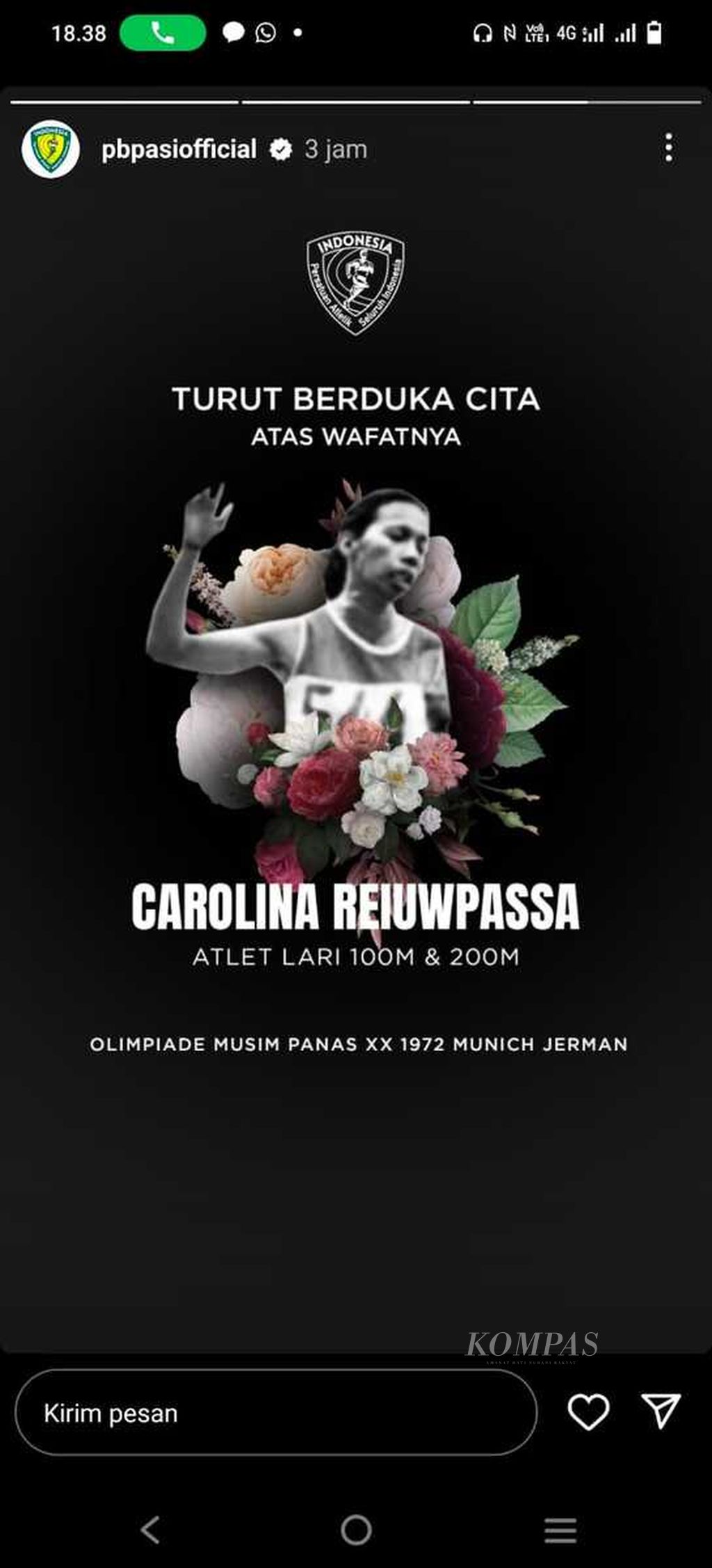 Tangkapan layar Instagram Pengurus Besar Persatuan Atletik Seluruh Indonesia (PB PASI) mengenai wafatnya mantan pelari putri Indonesia, Carolina Rieuwpassa, Kamis (16/3/2023). 