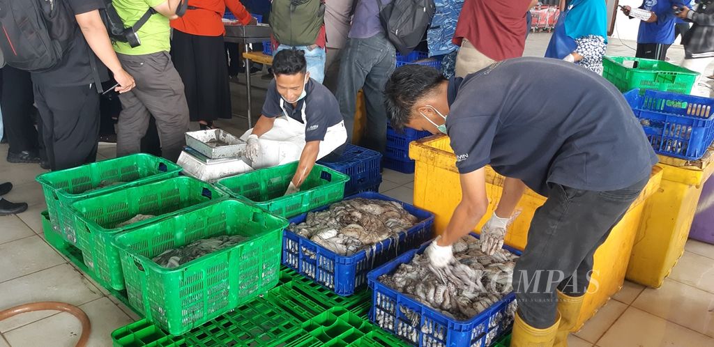 Aktivitas penjualan ikan di lokasi tempat pemasaran ikan di sentra perikanan dan kelautan terpadu di Selat Lampa, Kabupaten Natuna, Provinsi Kepulauan Riau, Senin (7/10/2019).