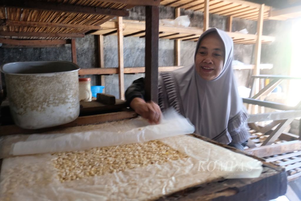 Susiana (45), perajin tempe di Kampung Sanan, Kota Malang, Sabtu (8/4/2023), memperlihatkan tempe yang sudah hampir jadi di industri rumahan miliknya.