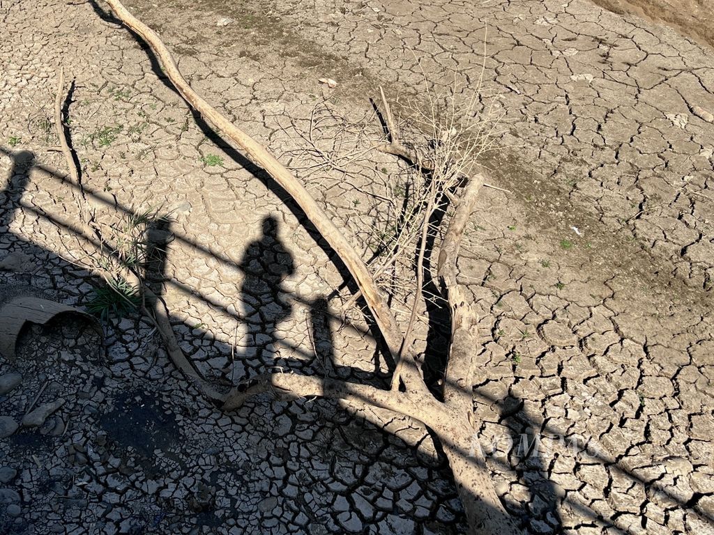 Tanah di sekitar Bendung dan Sungai Leko Pancing di Kabupaten Maros, Sulawesi Selatan, tampak kering dan retak, Rabu (30/8/2023).
