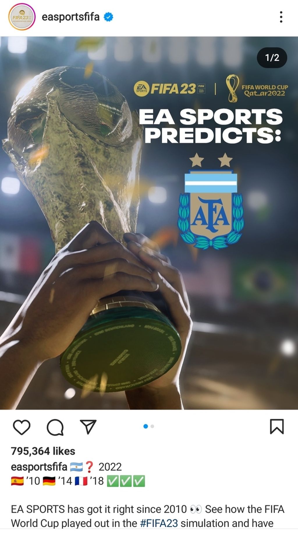 Gim FIFA, yang diprodukai EA Sports, memprediksi Argentina sebagai juara Piala Dunia Qatar. Mereka selalu tepat memprediksi juara Piala Dunia, sejak edisi 2010 di Afrika Selatan.