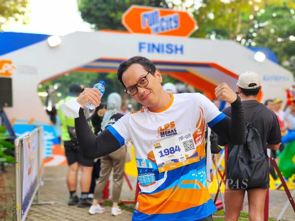 Peserta Run The City dari Jakarta Selatan, Ghifari Pandu, ditemui seusai menyelesaikan lari gembira 5K di Hutan Kota Gelora Bung Karno, Jakarta, Sabtu (1/7/2023). 