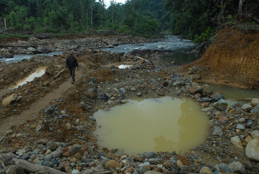 Tambang liar emas merusak ekosistem sungai di Kabupaten Bungo, Provinsi Jambi. Perlu penegakan hukum yang serius demi mengakhiri kerusakan lingkungan yang timbul akibat masifnya aktivitas ini. Tampak seorang warga menyaksikan kerusakan lingkungan di ekosistem Sungai Pelepat, Bungo, Selasa (7/7/2020).