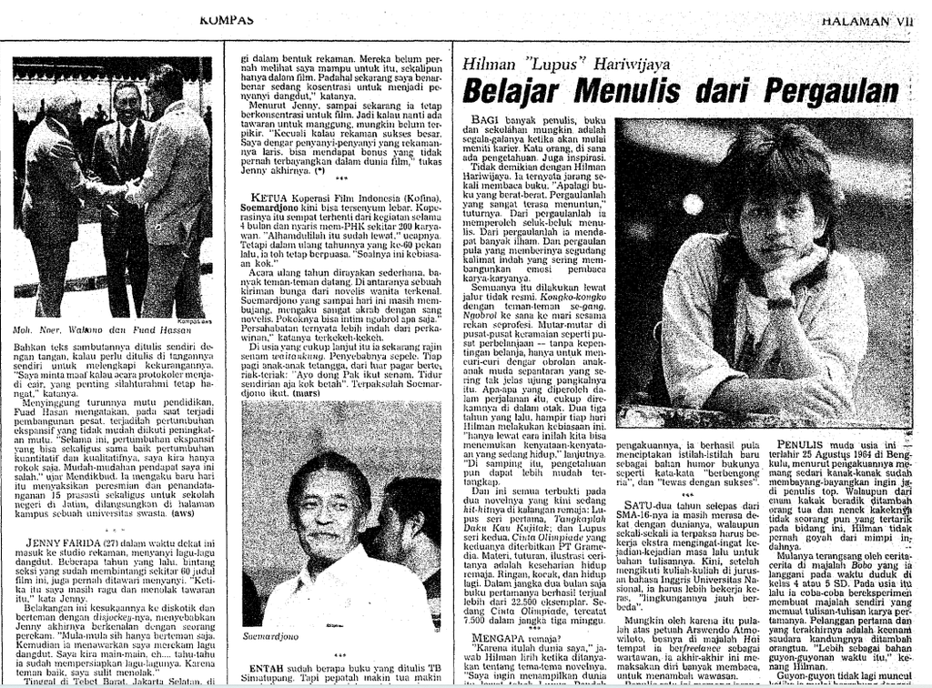 Berita mengenai penulis cerita Lupus, Hilman Hariwijaya, yang dimuat harian Kompas edisi Minggu (5/4/1987).