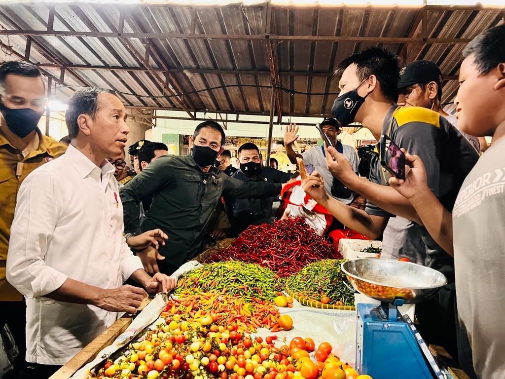 Presiden Joko Widodo meninjau barang-barang kebutuhan pokok beserta harganya di Pasar Natar di Kabupaten Lampung Selatan, Provinsi Lampung, Jumat (5/5/2023). 