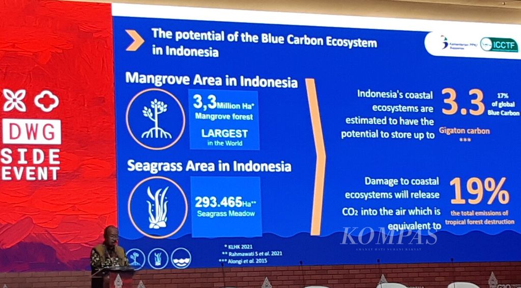 Kementerian PPN/Bappenas mengadakan seminar dengan tema "Blue Carbon: Enabling Conservation and Financial Capital" serangkaian acara sampingan (<i>side event</i>) presidensi G20 Indonesia di Nusa Dua, Badung, Bali, Senin (8/8/2022). 