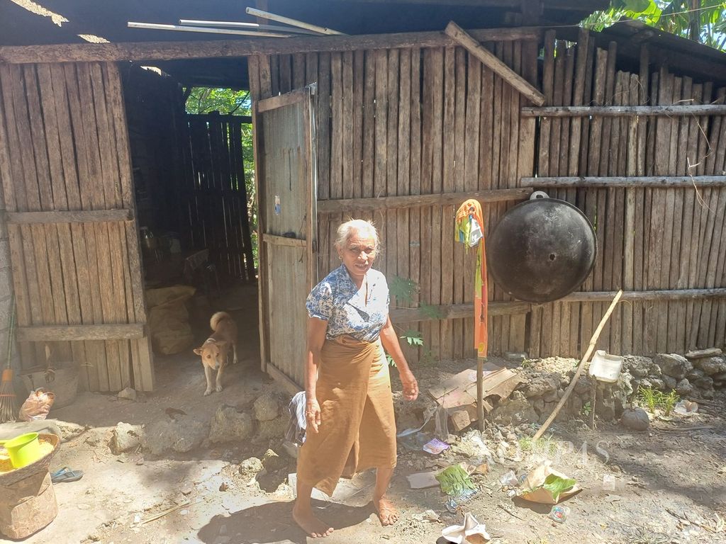 Martina Boinbalan, salah satu warga miskin di Kampung Boinbalan, Kelurahan Fatukoa, Kupang, NTT,  di pekarangan rumah miliknya, Rabu (8/5/2024).