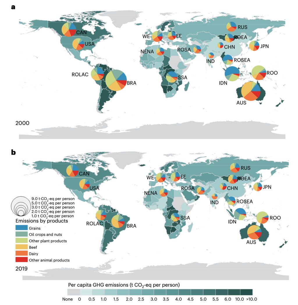 Emisi GRK per kapita dari konsumsi makanan oleh negara pada tahun 2000 dan 2019. a, b, Peta latar menunjukkan tingkat konsumsi per kapita emisi pada skala negara pada tahun 2000 (a) dan 2019 (b). Diagram lingkaran menunjukkan fraksi dari emisi berbasis konsumsi rata-rata dari emisi berbasis hewani dan produk pangan nabati per orang tahun 2000 (a) dan 2019 (b), dan besarnya mewakili emisi per kapita dari 18 negara/wilayah. 