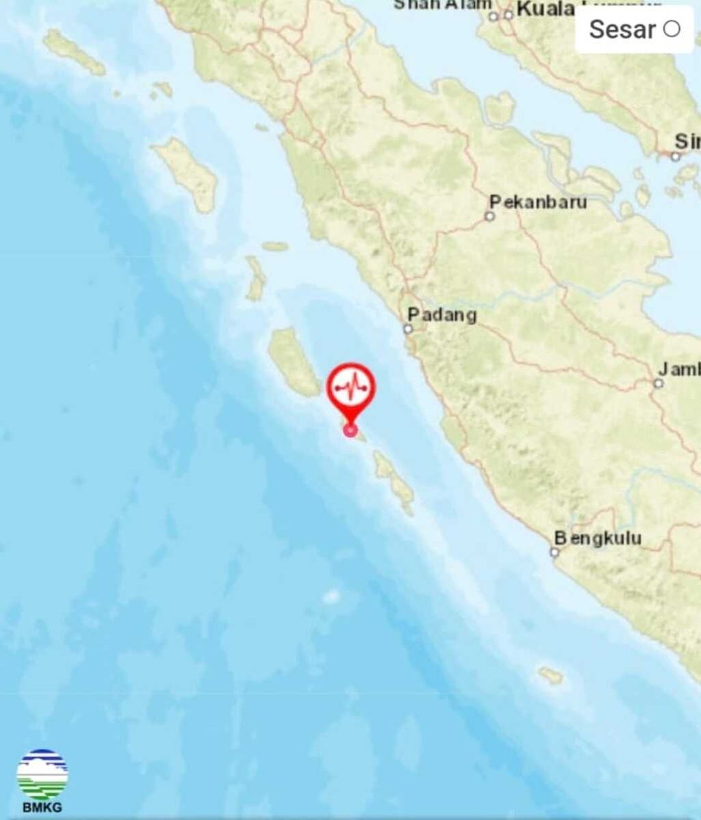Peta lokasi gempa tektonik M 5,2 di Tuapejat, Pulau Sipora, Kepulauan Mentawai, Sumatera Barat, Senin (8/1/2024) pukul 16.51.