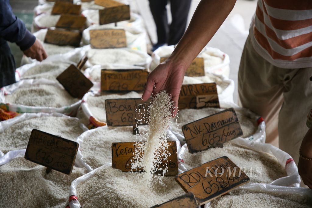 Calon pembeli memeriksa beras yang ditawarkan di salah satu toko di Pasar Induk Beras Cipinang, Jakarta Timur, Selasa (23/1/2024). Pembeli mengeluhkan harga beras yang tinggi.