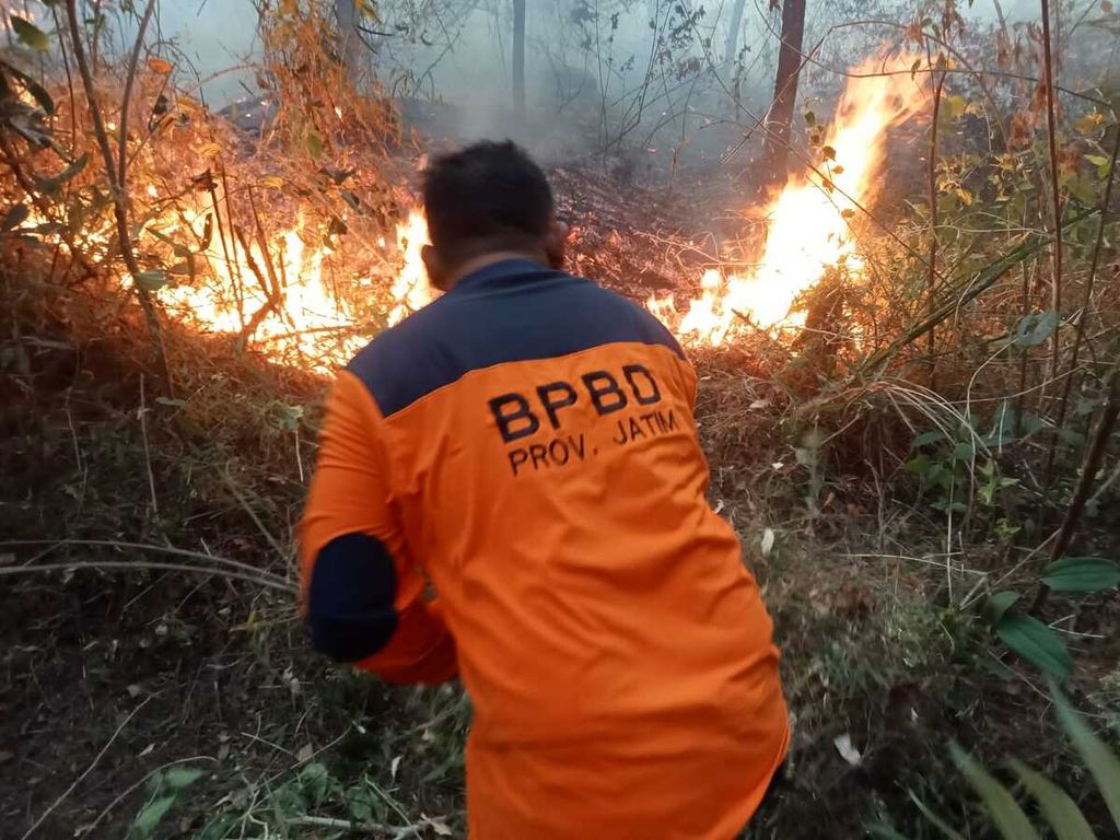 Petugas berupaya memadamkan api saat kebakaran hutan dan lahan di kawasan Gunung Lawu, Kabupaten Ngawi, Jatim, Sabtu (30/9/2023).