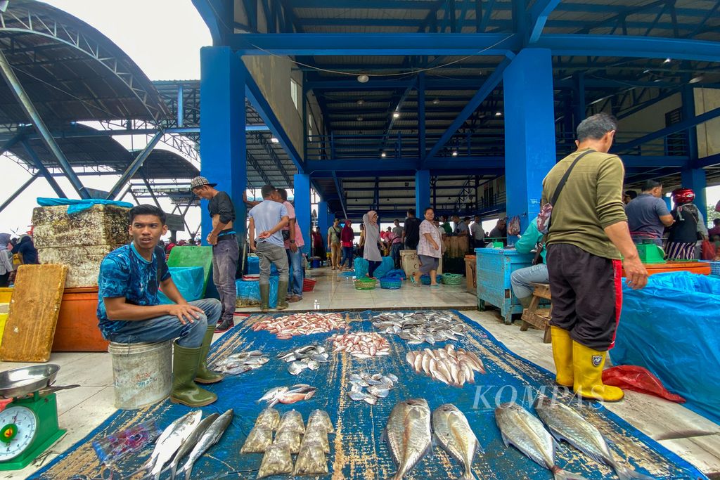 Pedagang ikan menanti pembeli di Pelabuhan Perikanan Samudra Lampulo, Kota Banda Aceh, Minggu (3/12/2023). 