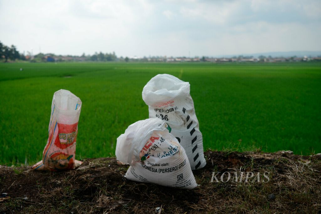 Beberapa jenis pupuk produksi pabrik yang akan membantu kesuburan dan pertumbuhan tanaman padi di Desa Kumpulrejo, Kecamatan Kaliwungu, Kabupaten Kendal, Jawa Tengah, Selasa (3/3/2020). 