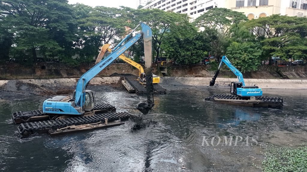 Pengerukan Waduk Melati di Jakarta Pusat, Senin (9/1/2023). Dinas Sumber Daya Air Jakarta mengeruk waduk sedalam 2-3 meter.