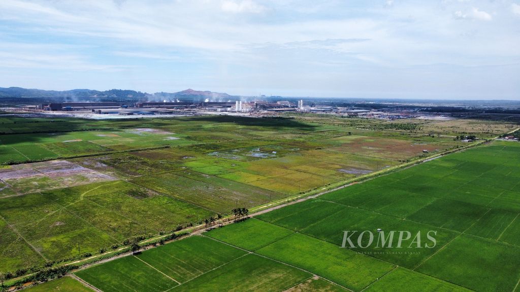 The remaining rice fields of the residents are on the border with the nickel processing industry or smelter in Paku Jaya Village, Bondoala, Konawe, Southeast Sulawesi, Thursday (30/3/2023).