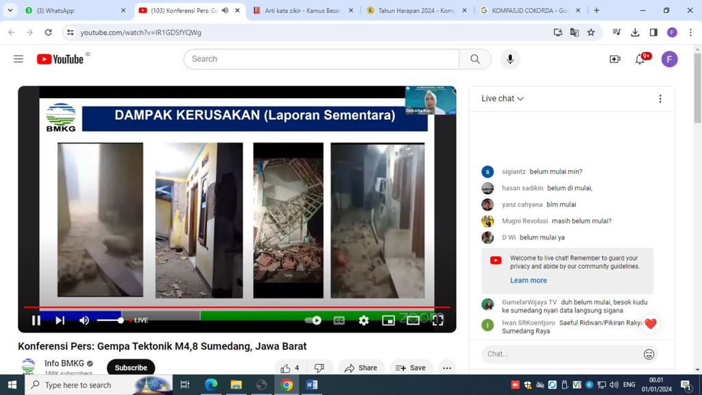 Kepala Badan Meteorologi, Klimatologi, dan Geofisika Dwikorita Karnawati memaparkan sejumlah informasi terkait gempa di Kabupaten Sumedang, Jawa Barat, Minggu (31/12/2023). Pemaparan itu berlangsung dalam konferensi pers daring.