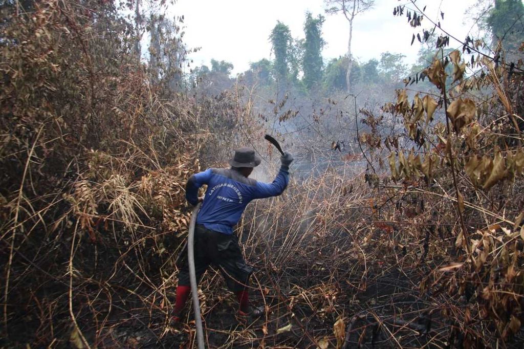 Tim berupaya memadamkan api di wilayah Taman Nasional Tanjung Puting, Kabupaten Kotawaringin Barat, Kalimantan Tengah, akhir September 2023. 