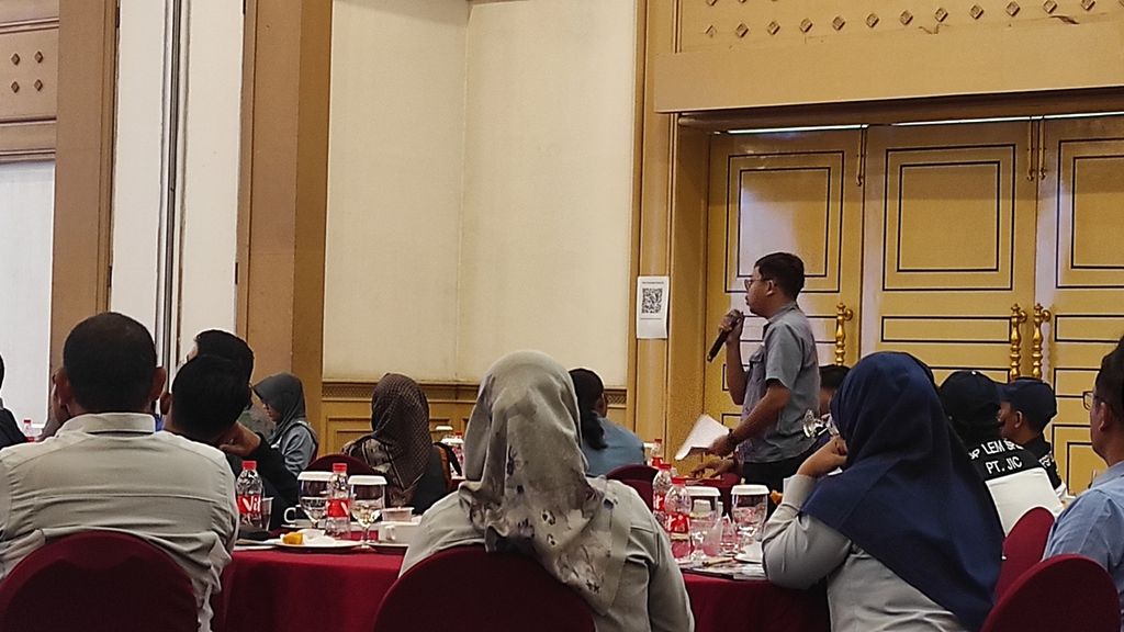Suasana seminar Optimalisasi Peran P2K3 di Perusahaan serta Pencegahan dan Penanganan Penyakit akibat Kerja di Hotel Sahid Jaya Lippo Cikarang, Bekasi, Jawa Barat, Selasa (30/1/2024).
