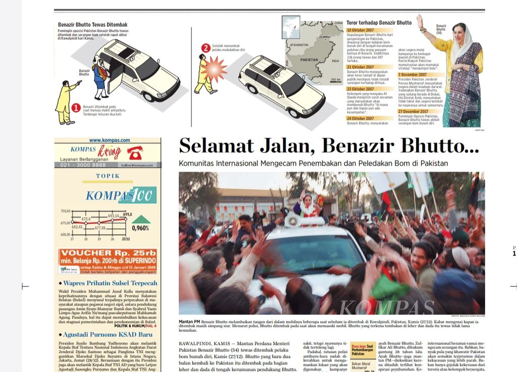 Berita terbunuhnya Benazir Bhutto menjadi berita utama di halaman 1 harian <i>Kompas</i> edisi 28 Desember 2007. 